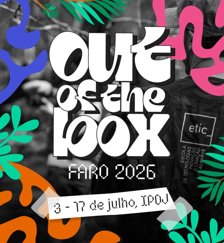 Cartaz promocional do Out of The Box Faro 2026, evento da ETIC_Algarve. Ao centro destaca-se o nome "Out of The Box" em letras grandes sobre uma fotografia a preto e branco de participantes. A composição é enquadrada por elementos gráficos coloridos em azul, rosa, verde e laranja. Na parte inferior surge a informação "3 a 17 de julho, IPDJ".
