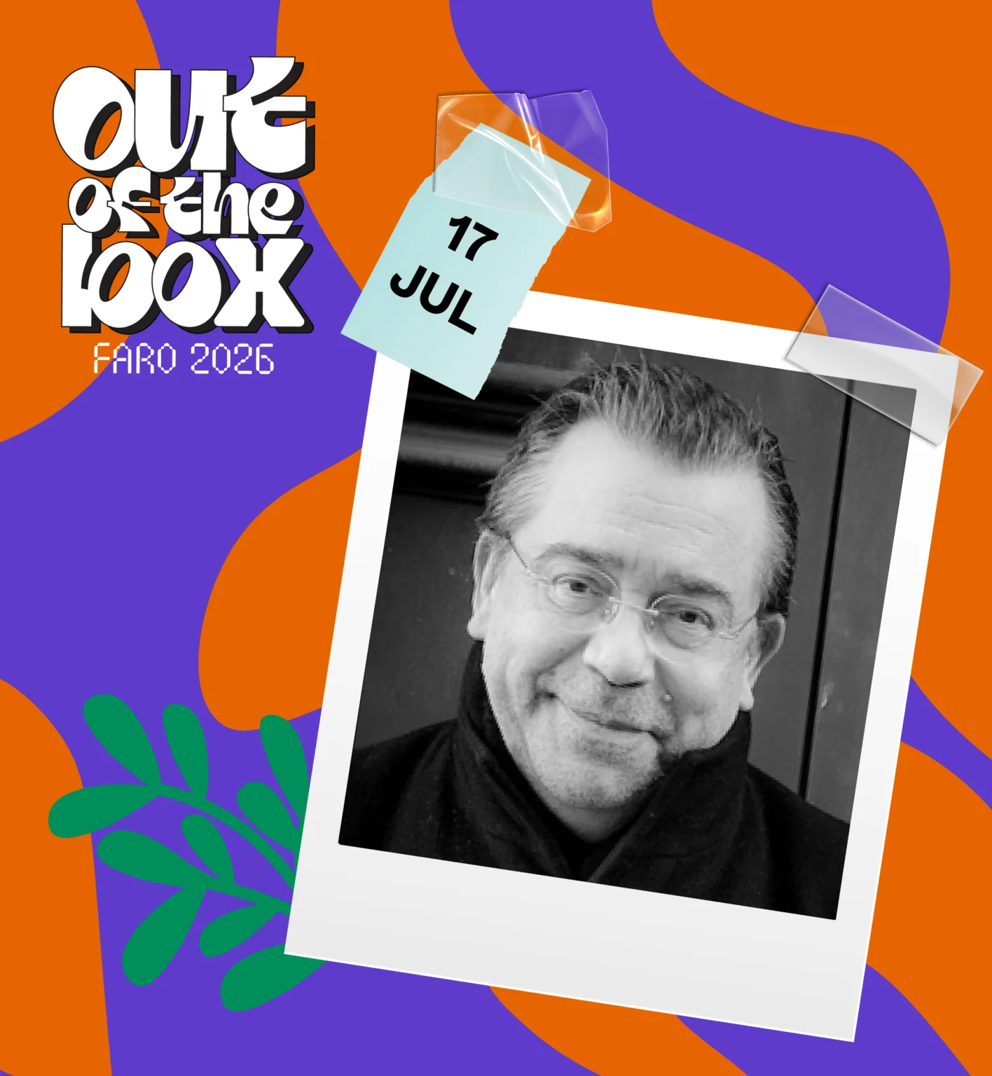 Imagem gráfica do Out Of The Box 2026, com fundo laranja e roxo, logótipo do evento, a data 17 de julho e uma fotografia a preto e branco de Henrique Cayatte.