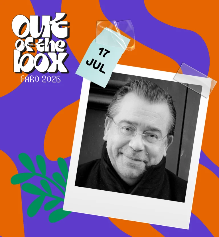 Imagem gráfica do Out Of The Box 2026, com fundo laranja e roxo, logótipo do evento, a data 17 de julho e uma fotografia a preto e branco de Henrique Cayatte.