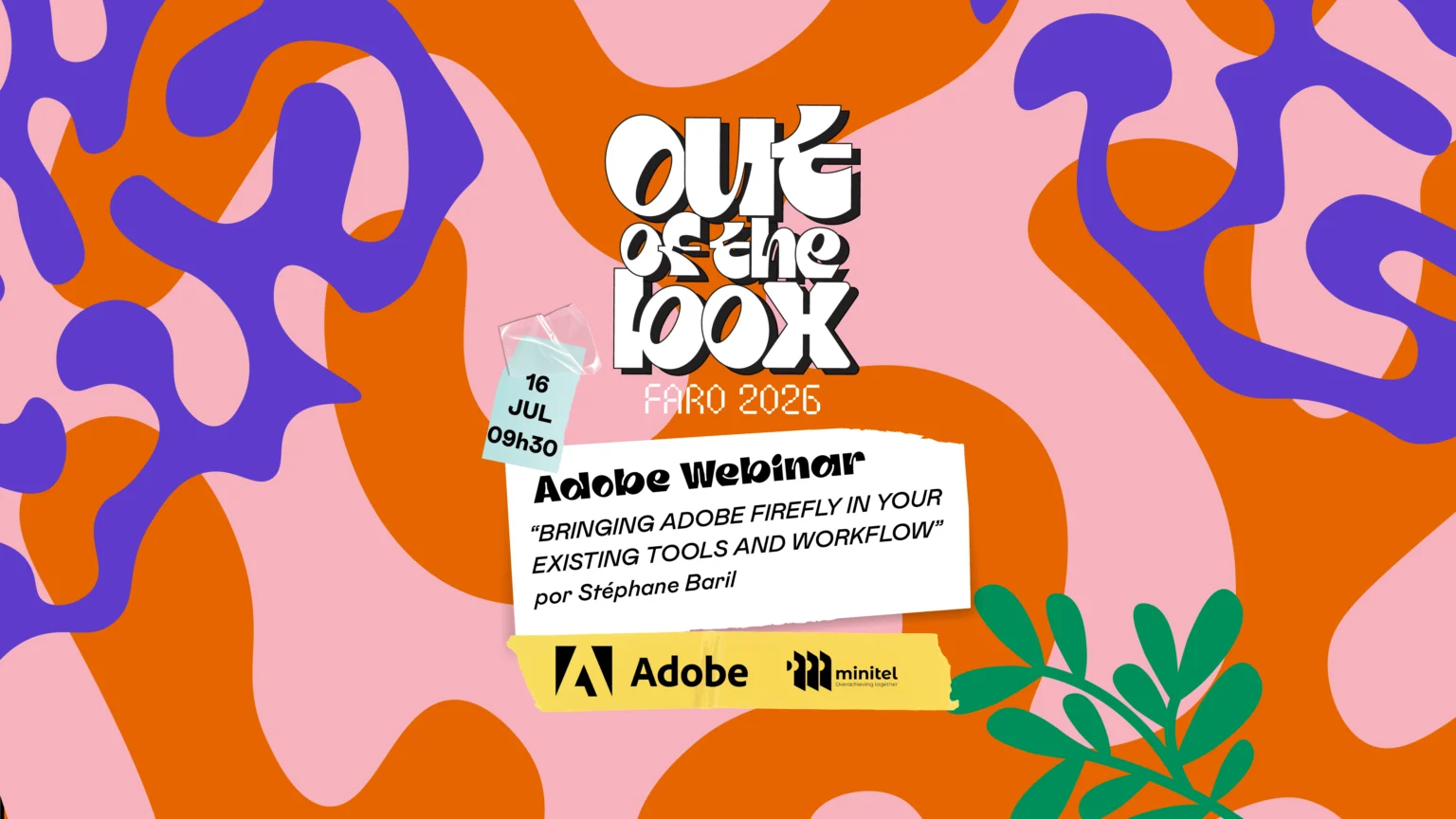 Página inicial do site da ETIC_Algarve com destaque para o Adobe Webinar “Bringing Adobe Firefly in Your Existing Tools and Workflow”, integrado no Out Of The Box Faro 2026. A imagem apresenta o cartaz colorido do evento, a data 16 de julho às 09h30, os logótipos da Adobe e da Minitel